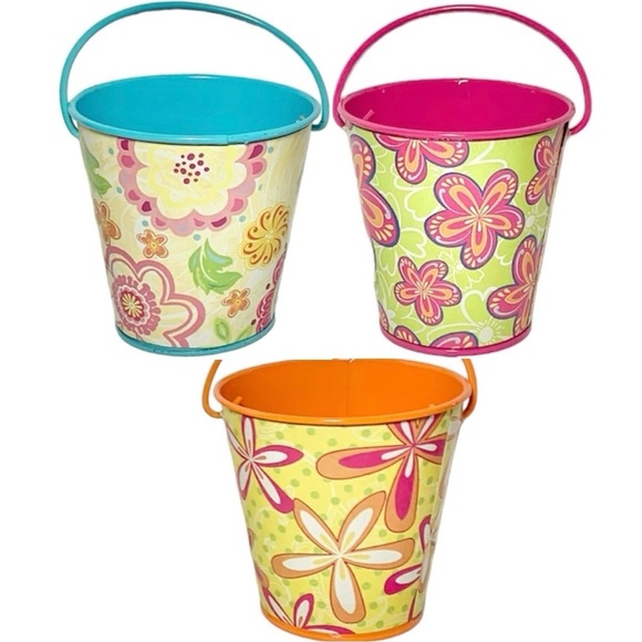 3 Small Spring Floral Tin Pail Bucket, [Blue, Pink & Orange] - Picture 1 of 10